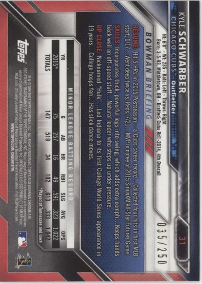 Kyle Schwarber 2016 Bowman Chrome Purple Refractor RC 035/250 #31