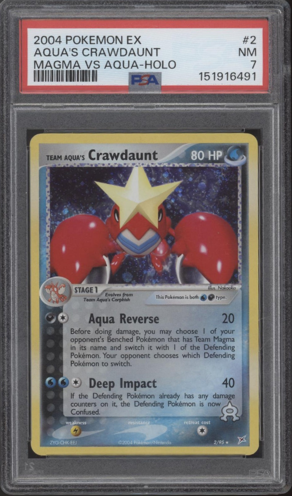 Aqua's Crawdaunt Pokemon Magma vs Aqua Holo #2 PSA 7