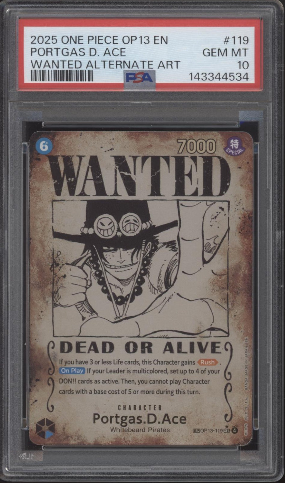 Portgas D Ace One Piece Card Game OP13 Wanted Alternate Art #119 PSA 10 #3