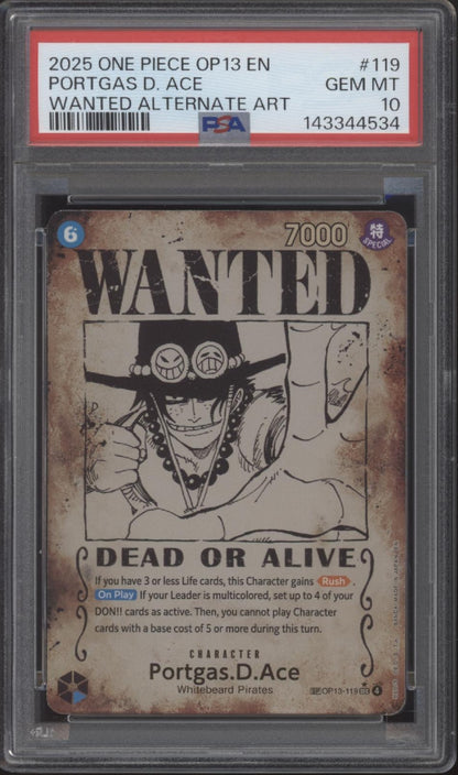 Portgas D Ace One Piece Card Game OP13 Wanted Alternate Art #119 PSA 10 #3