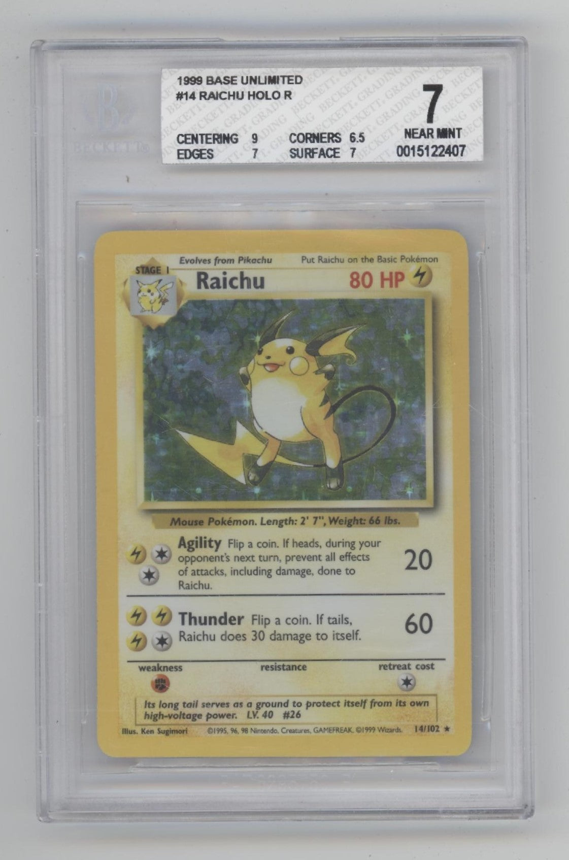 Raichu Pokemon Base Set Holo #14 Beckett 7