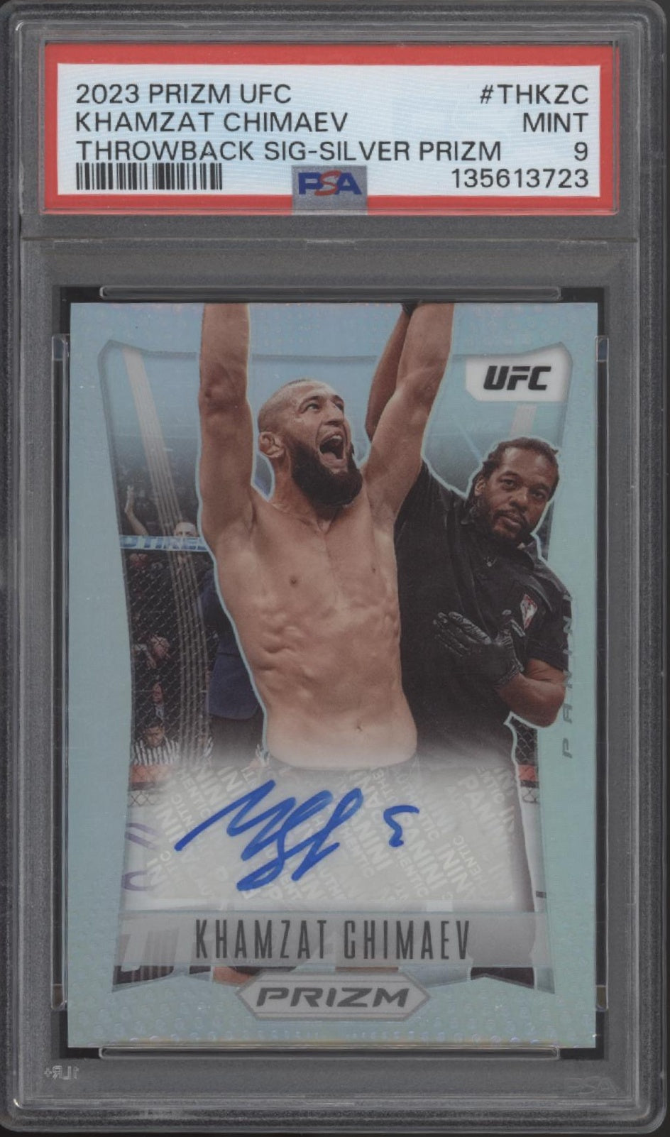 Khamzat Chimaev 2023 Panini Prizm Throwback Signature Silver Prizm Auto PSA 9
