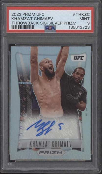 Khamzat Chimaev 2023 Panini Prizm Throwback Signature Silver Prizm Auto PSA 9