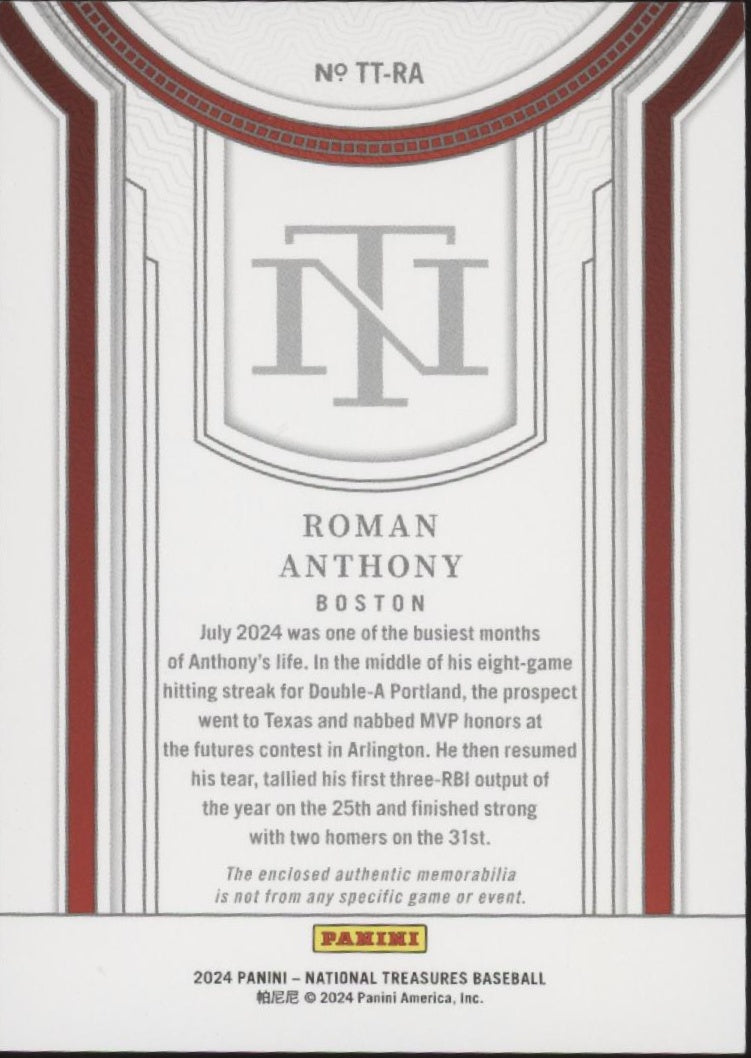Roman Anthony 2024 Panini National Treasures Treasured Threads Swatch 55/99
