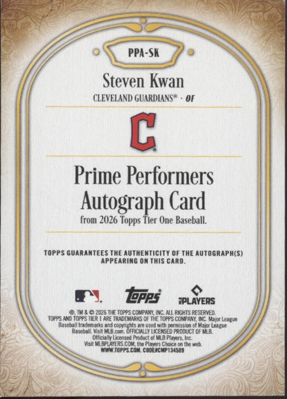 Steven Kwan 2026 Topps Tier One Blue Auto 26/75 #PPA-SK