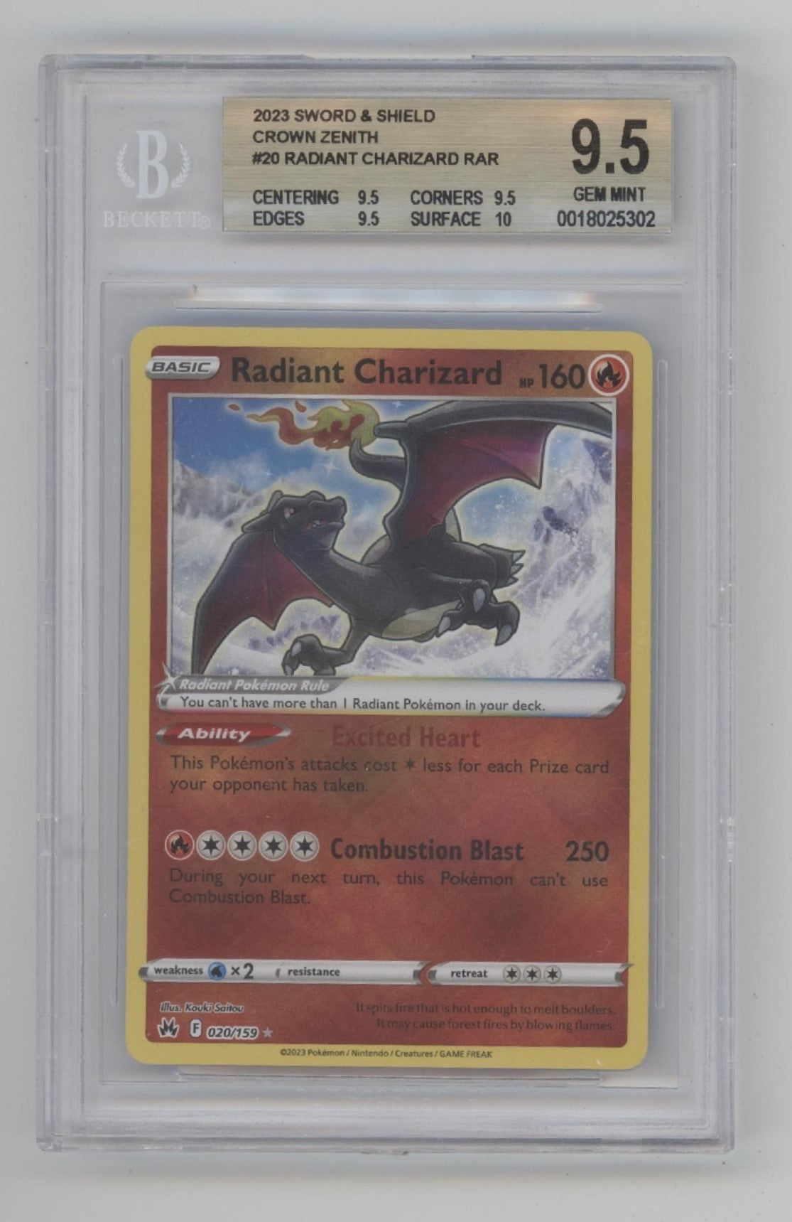 Radiant Charizard Pokemon Crown Zenith #20 Beckett 9.5