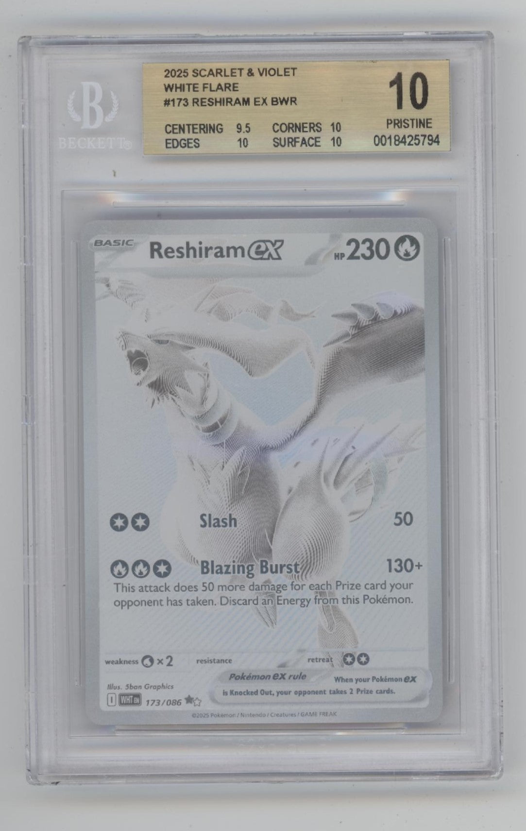 Reshiram ex Pokemon White Flare Black & White #173 Beckett 10 Pristine