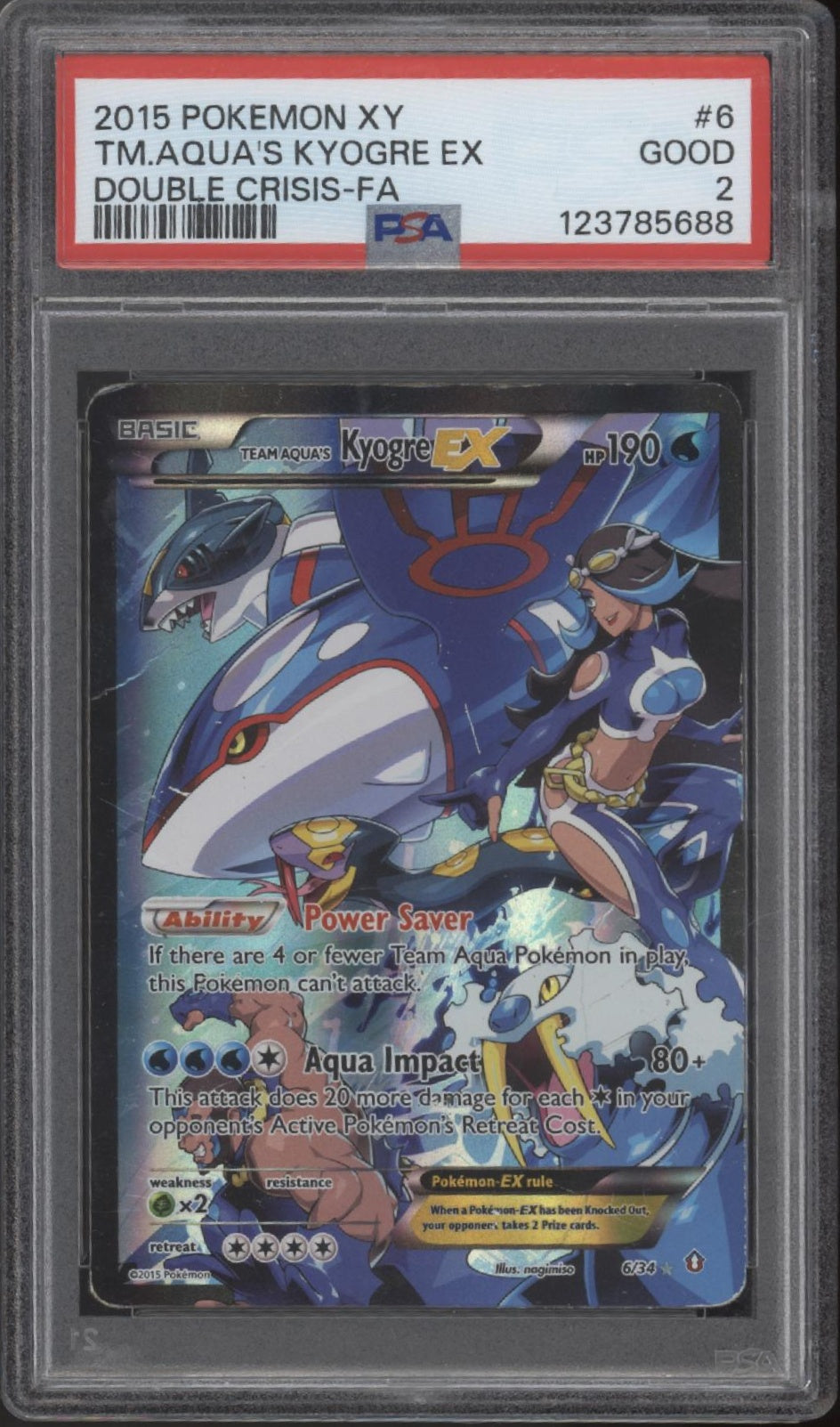 Team Aqua's Kyogre ex Pokemon Double Crisis Full Art #6 PSA 2