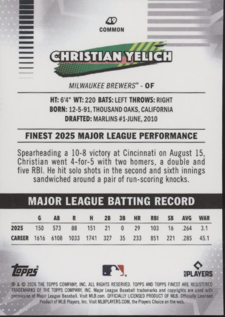 Christian Yelich 2026 Topps Finest Orange X-Fractor Refractor 05/25 #49