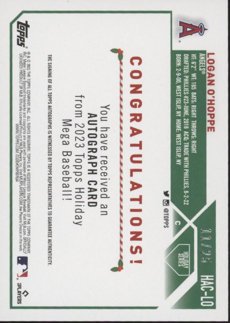Logan O'Hoppe 2023 Topps Holiday Series Mega RC Auto 11/25 #HAC-LO