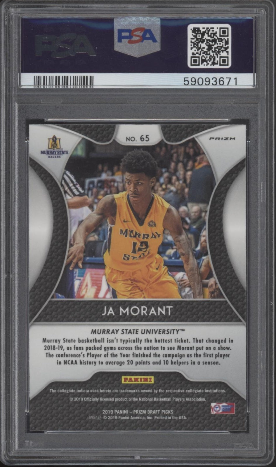 Ja Morant 2019 Panini Prizm Draft Picks Pink Pulsar Prizm #65 PSA 10