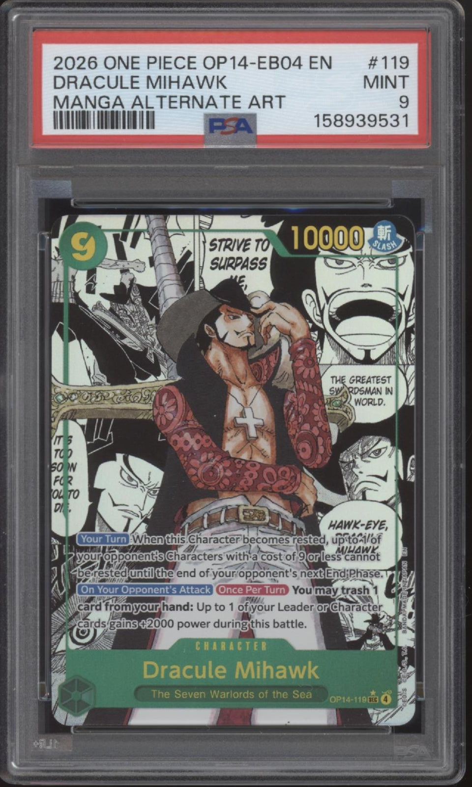 Dracule Mihawk One Piece Card Game OP14-EB 04 Manga Alternate Art #119 PSA 9