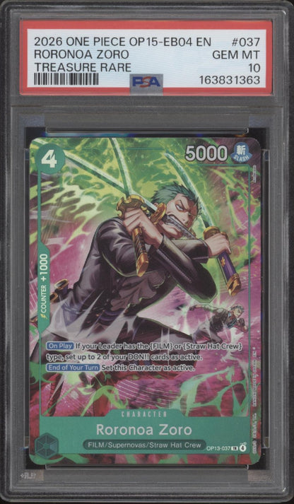 Roronoa Zoro One Piece Card Game OP15-EB04 Treasure Rare #037 PSA 10