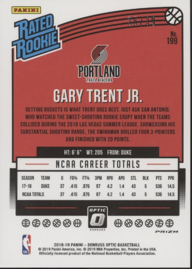 Gary Trent Jr. 2018-19 Panini Donruss Optic Rated Rookie Black Lazer Prizm 35/39