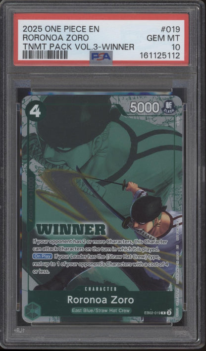 Roronoa Zoro One Piece Card Game Tournament Pack Vol. 3 Winner #019 PSA 10 #1