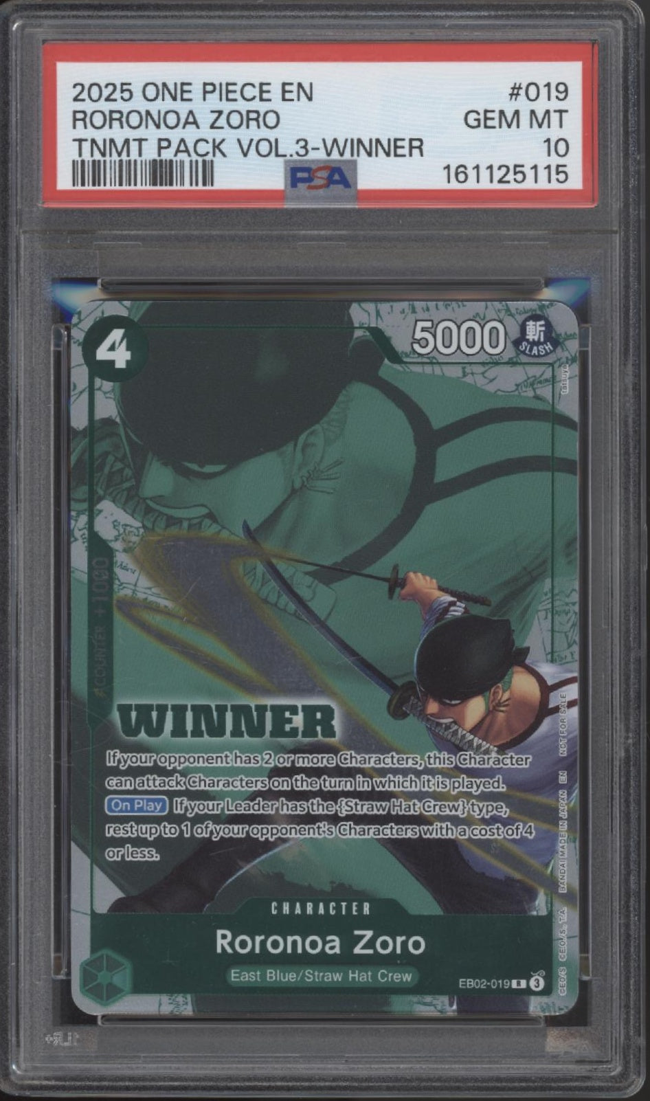 Roronoa Zoro One Piece Card Game Tournament Pack Vol. 3 Winner #019 PSA 10 #2