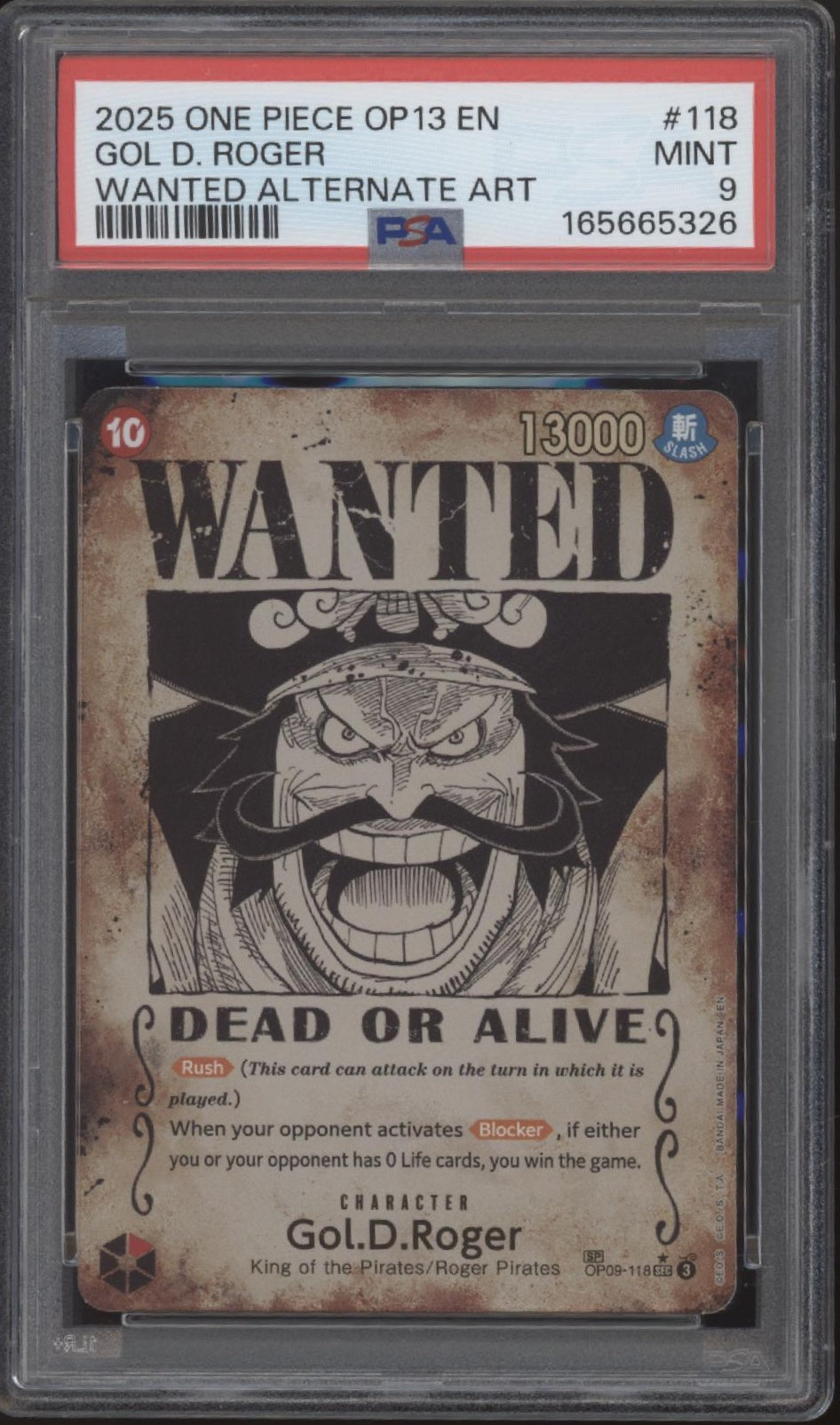 Gol D Roger One Piece Card Game OP13 Wanted Alternate Art #118 PSA 9