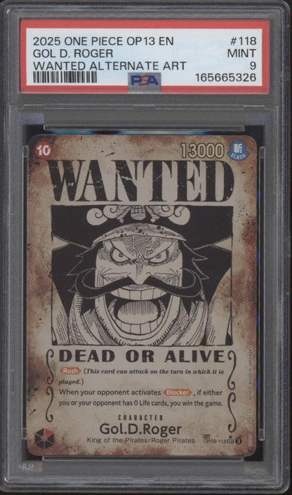 Gol D Roger One Piece Card Game OP13 Wanted Alternate Art #118 PSA 9