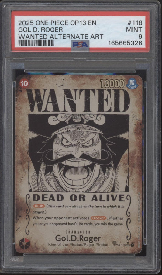 Gol D Roger One Piece Card Game OP13 Wanted Alternate Art #118 PSA 9