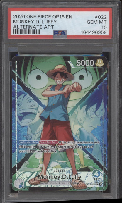 Monkey D Luffy One Piece Card Game OP16 Alternate Art #022 PSA 10