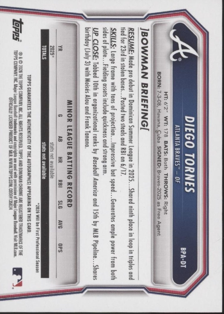 Diego Tornes 2026 Bowman Red Border Auto 4/5 #BPA-DT
