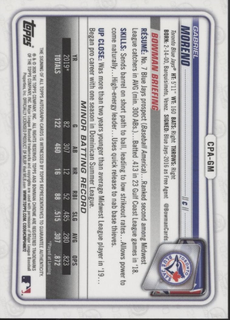 Gabriel Moreno 2020 Bowman Chrome Prospect Auto #CPA-GM