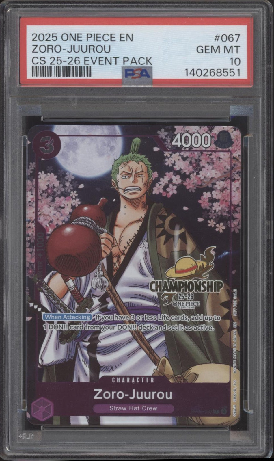 Zoro Juurou One Piece Card Game CS 25-26 Event Pack #067 PSA 10