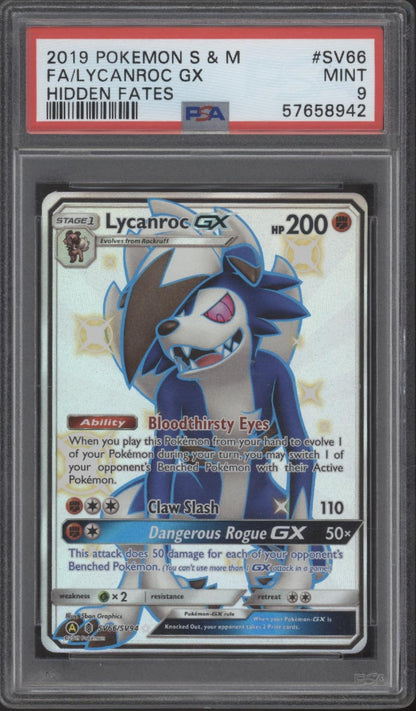 Lycanroc GX Pokemon Hidden Fates Full Art #SV66 PSA 9