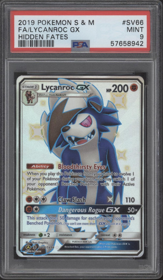 Lycanroc GX Pokemon Hidden Fates Full Art #SV66 PSA 9