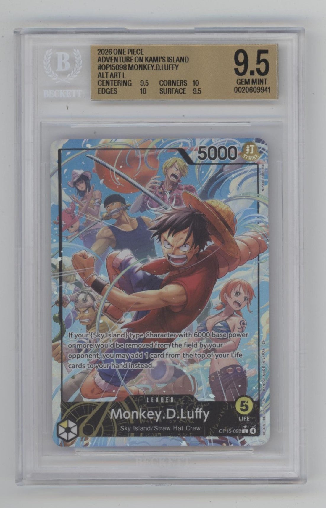 Monkey D Luffy One Piece Card Game OP15 Alternate Art #098 Beckett 9.5