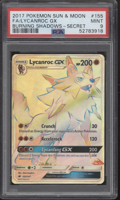 Lycanroc GX Pokemon Burning Shadows Secret Full Art #155 PSA 9