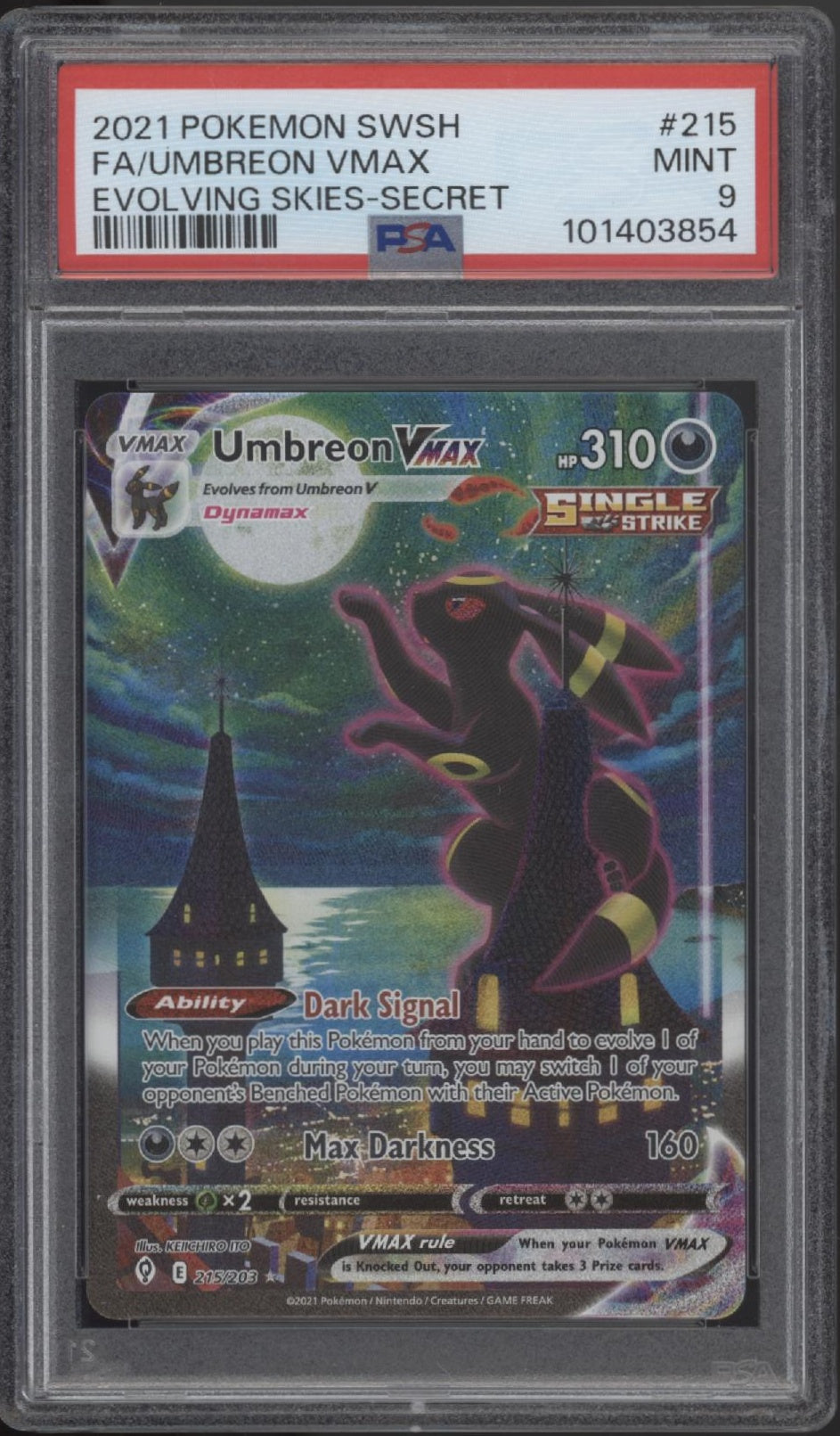Umbreon VMAX Pokemon Evolving Skies Secret Full Art #215 PSA 9