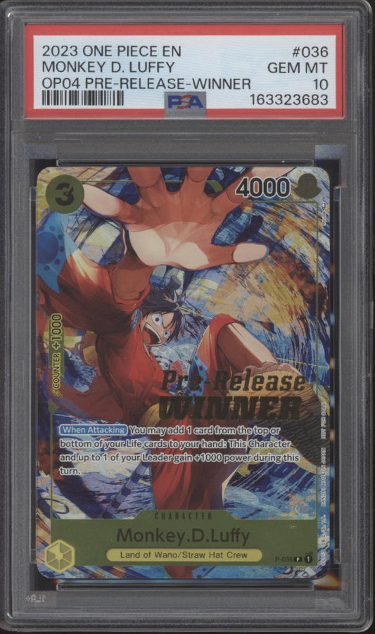 Monkey D Luffy One Piece Card Game OP04 Prerelease Winner #036 PSA 10 #1
