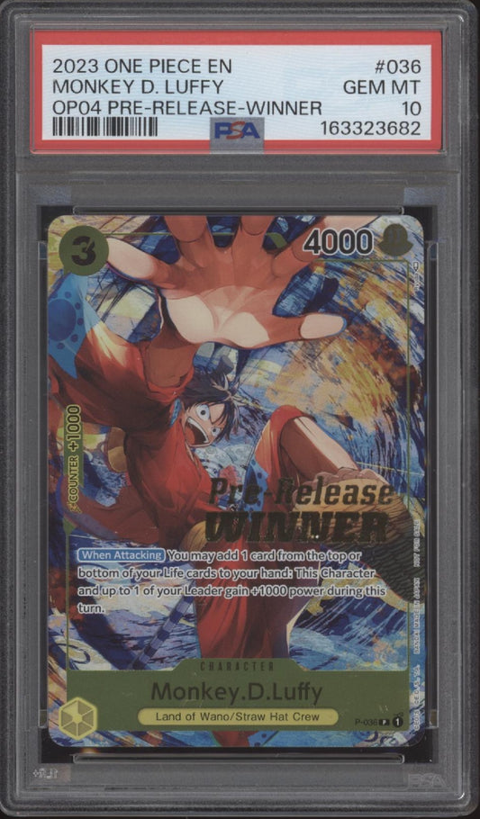 Monkey D Luffy One Piece Card Game OP04 Prerelease Winner #036 PSA 10 #2