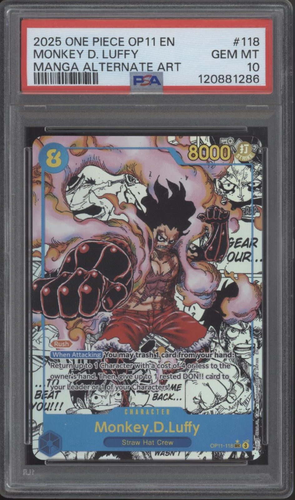 Monkey D Luffy One Piece Card OP11 Manga Alternate Art #118 PSA 10