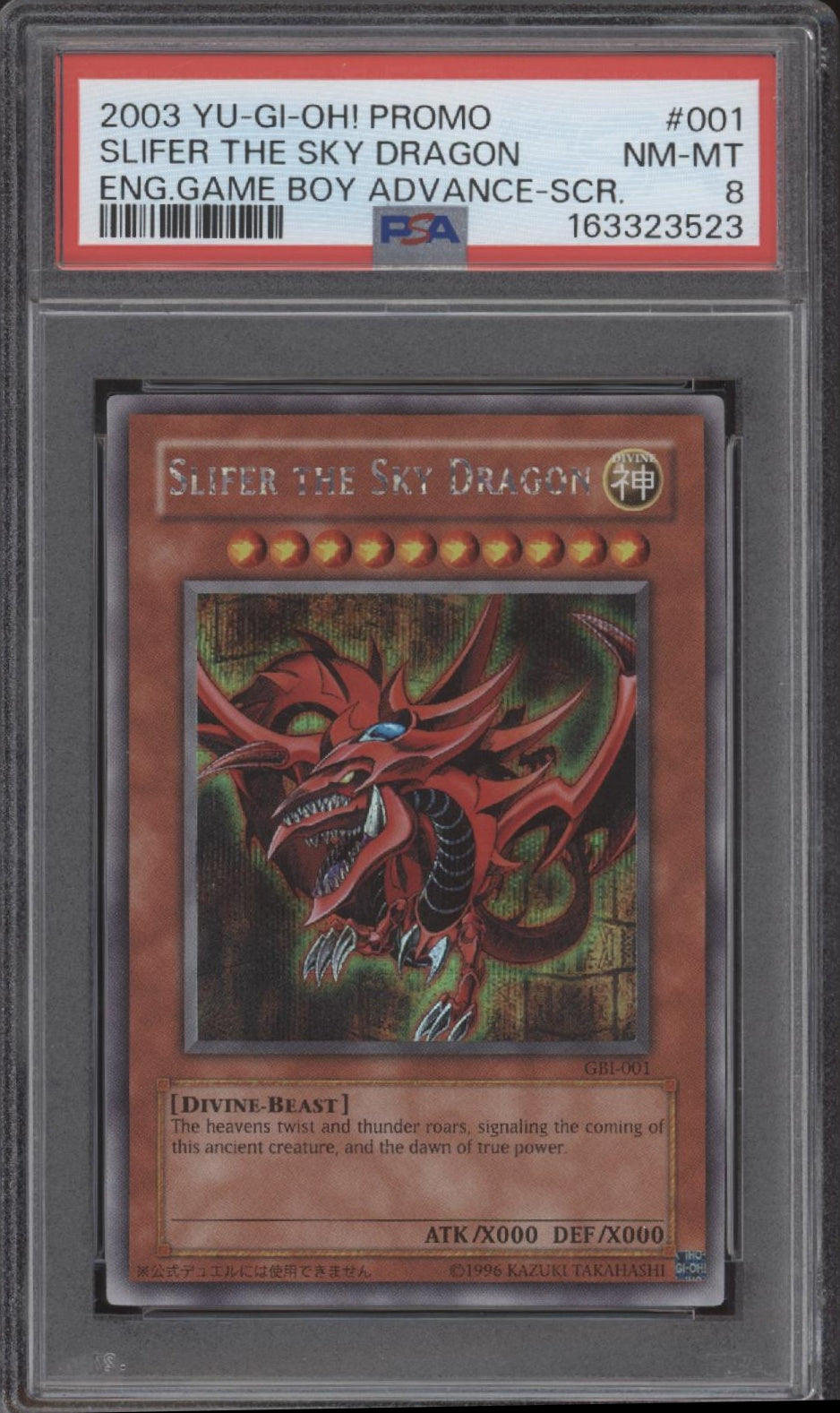Slifer the Sky Dragon Yu-Gi-Oh! ENG GameBoy Advance Secret Rare #001 PSA 8