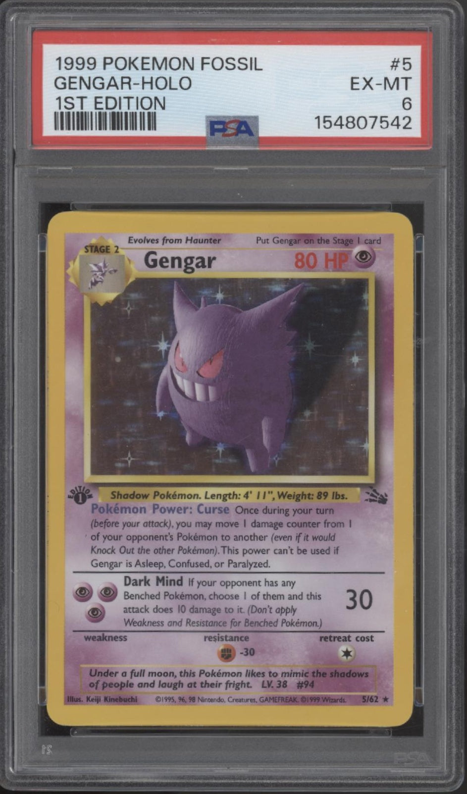 Gengar Pokemon Fossil Holo 1st Edition #5 PSA 6