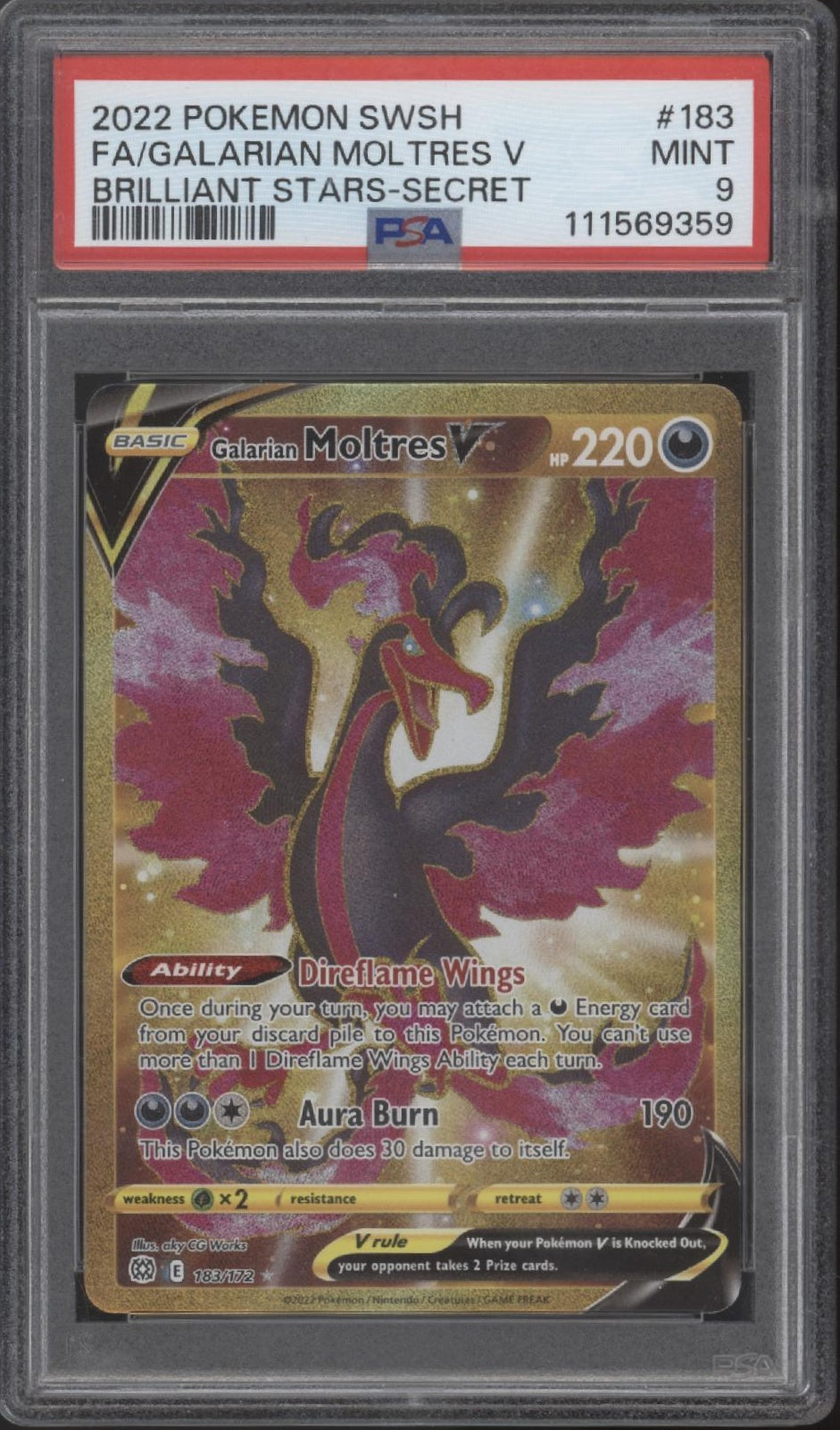 Galarian Moltres V Pokemon Brilliant Stars Secret Full Art #182 PSA 9