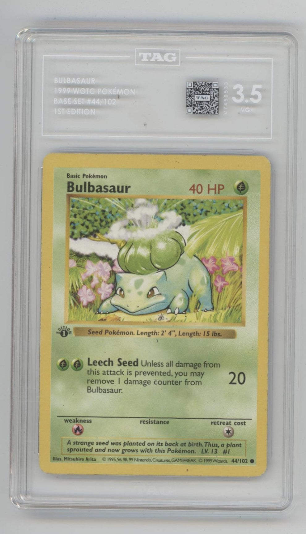 Bulbasaur Pokemon Base Set 1st Edition #44 TAG 3.5