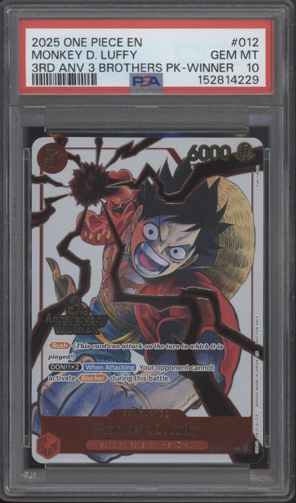 Monkey D Luffy One Piece Card Game 3rd Anniversary 3 Brothers Pack Winner PSA 10