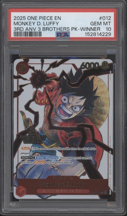 Monkey D Luffy One Piece Card Game 3rd Anniversary 3 Brothers Pack Winner PSA 10