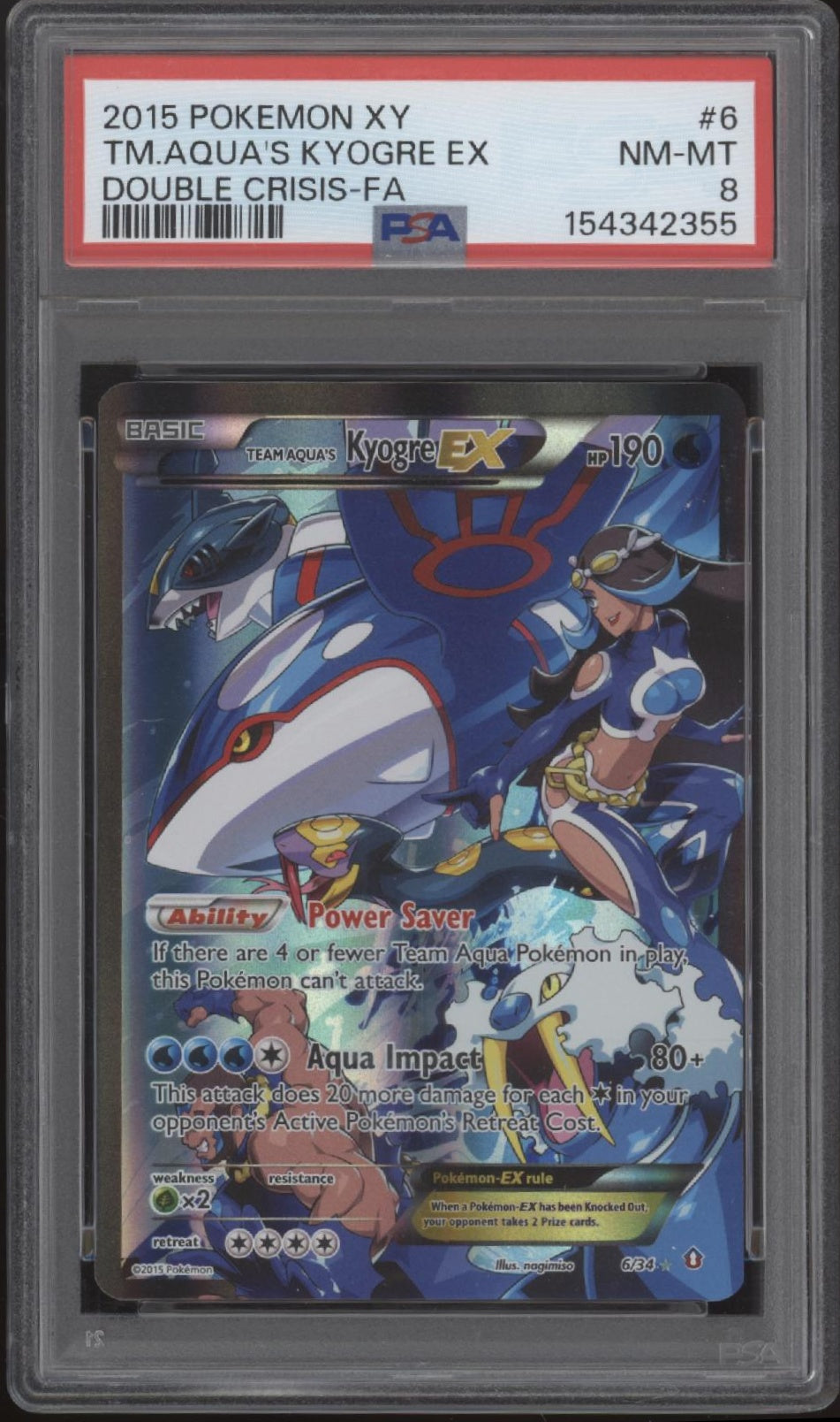 Team Aqua's Kyogre ex Pokemon Double Crisis Full Art #6 PSA 8