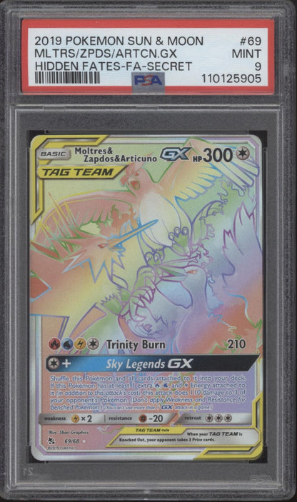 Moltres Zapdos Articuno GX Pokemon Hidden Fates Secret Full Art #69 PSA 9