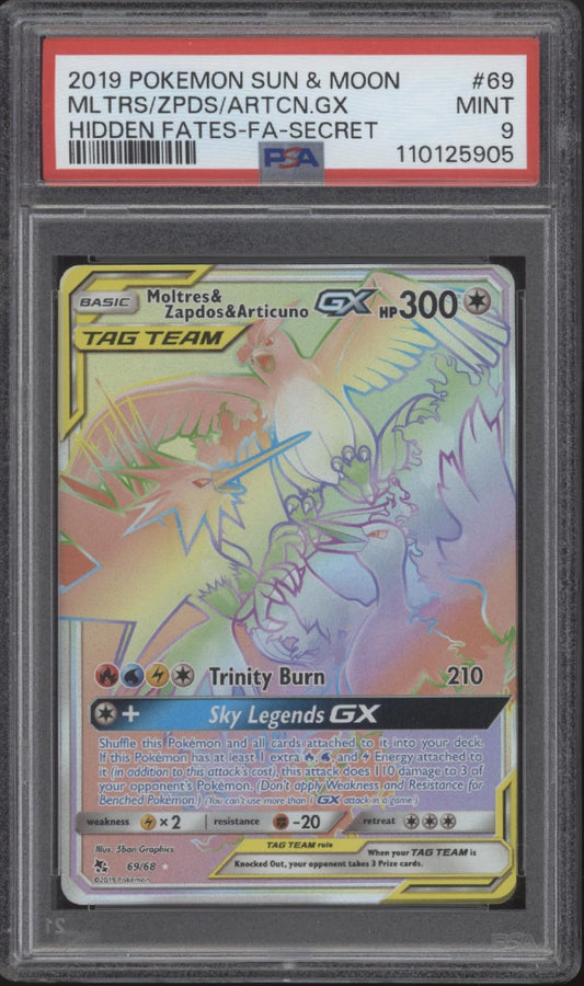 Moltres Zapdos Articuno GX Pokemon Hidden Fates Secret Full Art #69 PSA 9