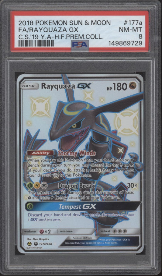 Rayquaza GX Pokemon Celestial Storm Premium Collection Full Art #177a PSA 8