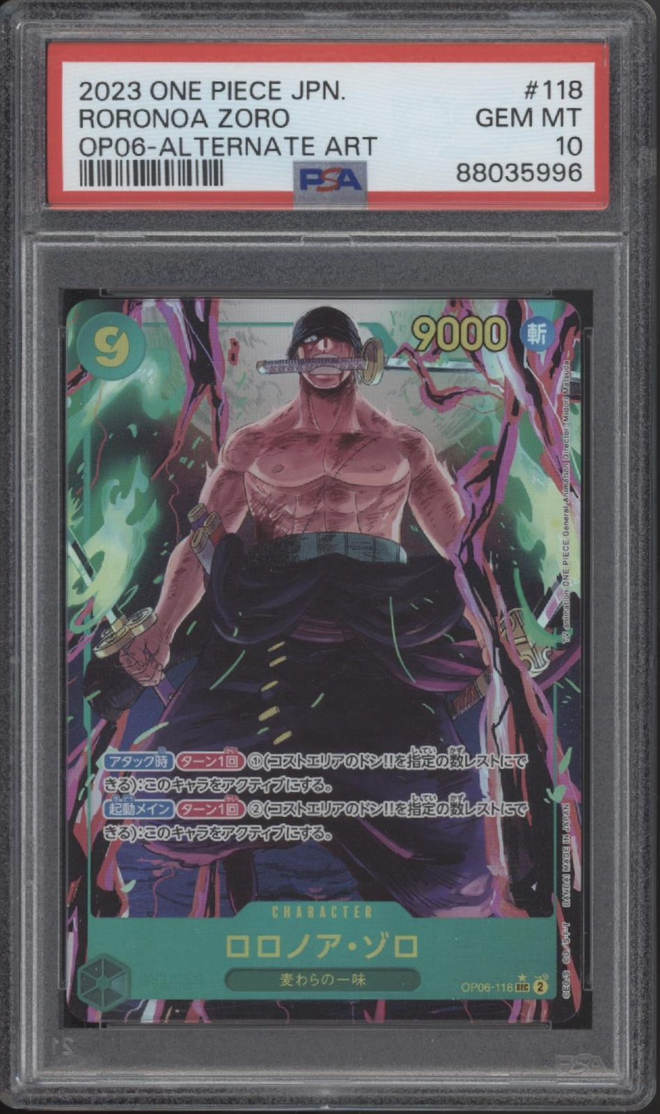 Roronoa Zoro One Piece Card Game OP06 Alternate Art Japanese #118 PSA 10