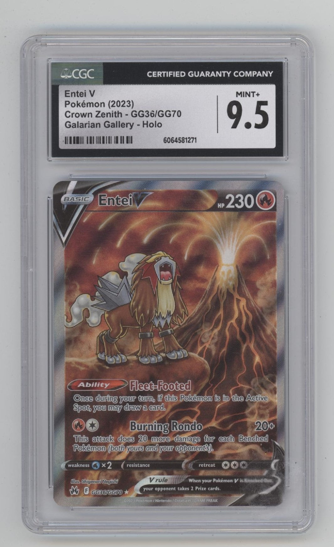 Entei V Pokemon Crown Zenith Galarian Gallery Holo #GG36 CGC 9.5