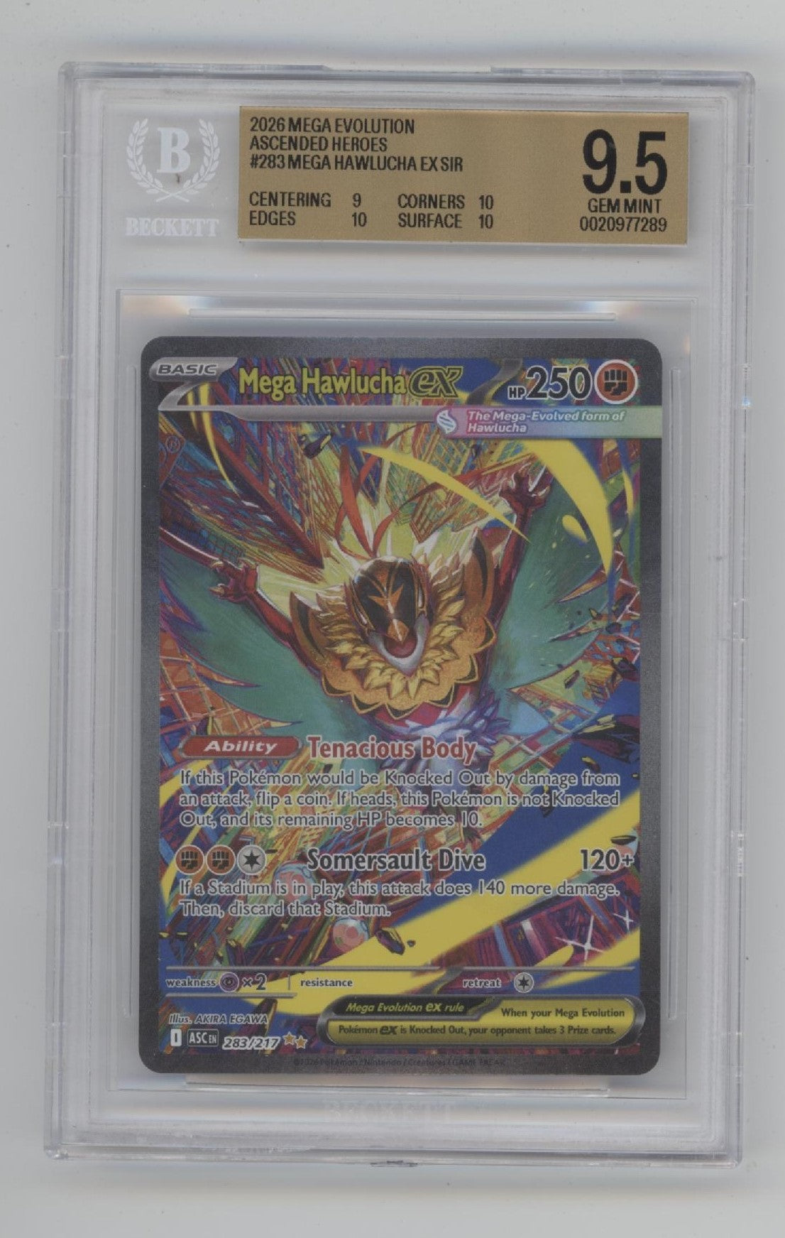 Mega Hawlucha ex Pokemon Ascended Heroes Special Illustration Rare Beckett 9.5