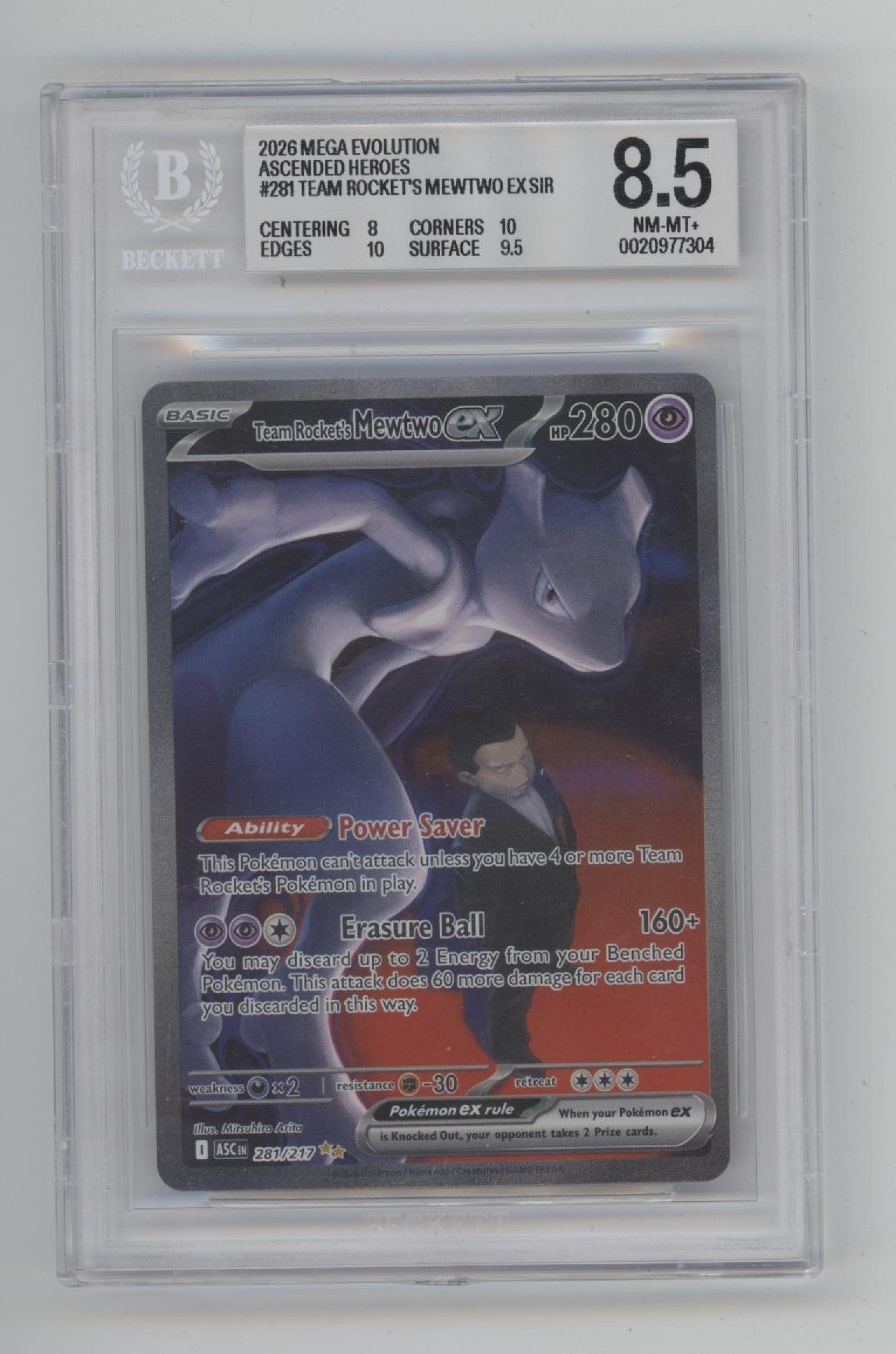 Team Rocket's Mewtwo ex Pokemon Ascended Heroes SIR #281 Beckett 8.5