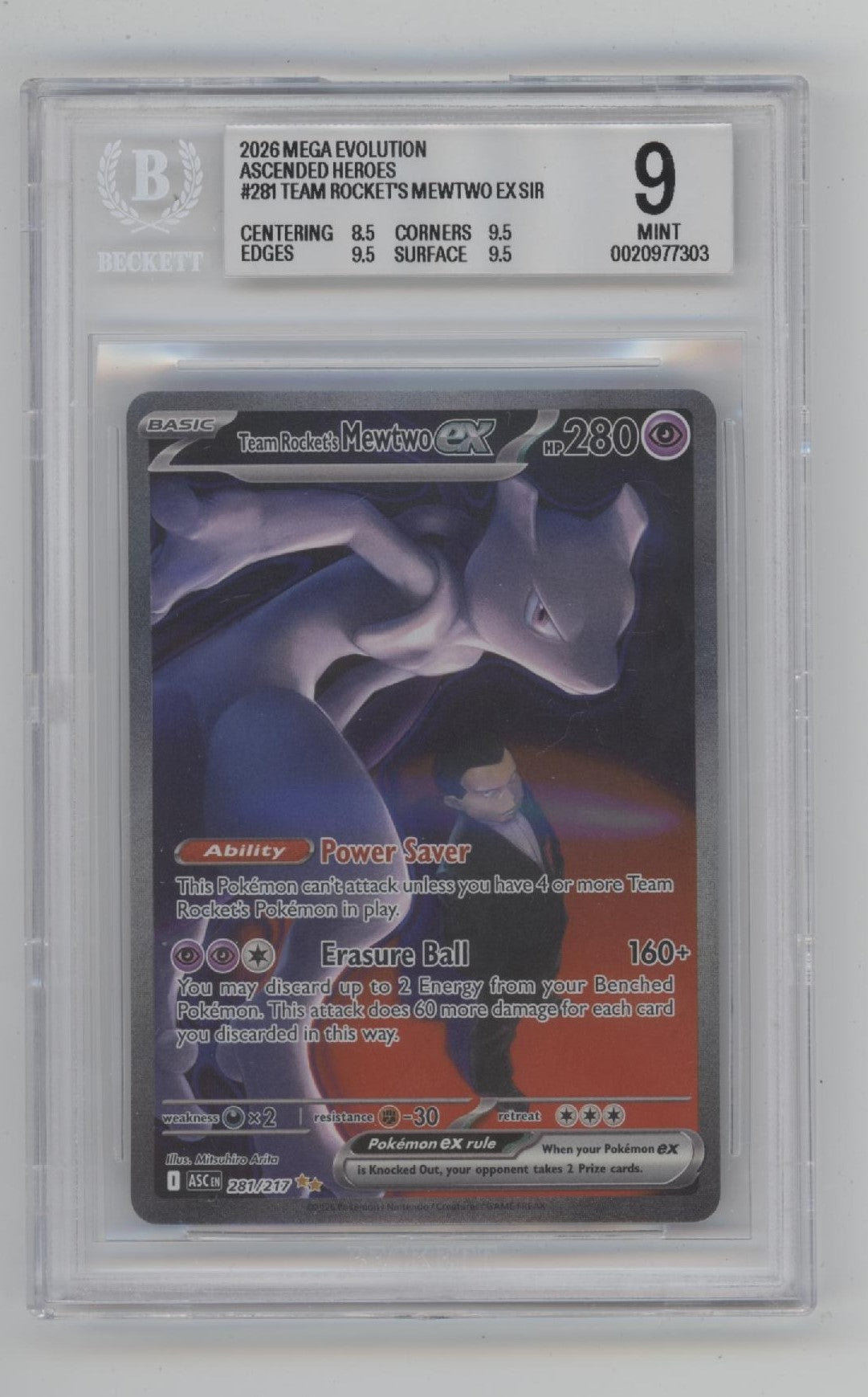 Team Rocket's Mewtwo ex Pokemon Ascended Heroes SIR #281 Beckett 9